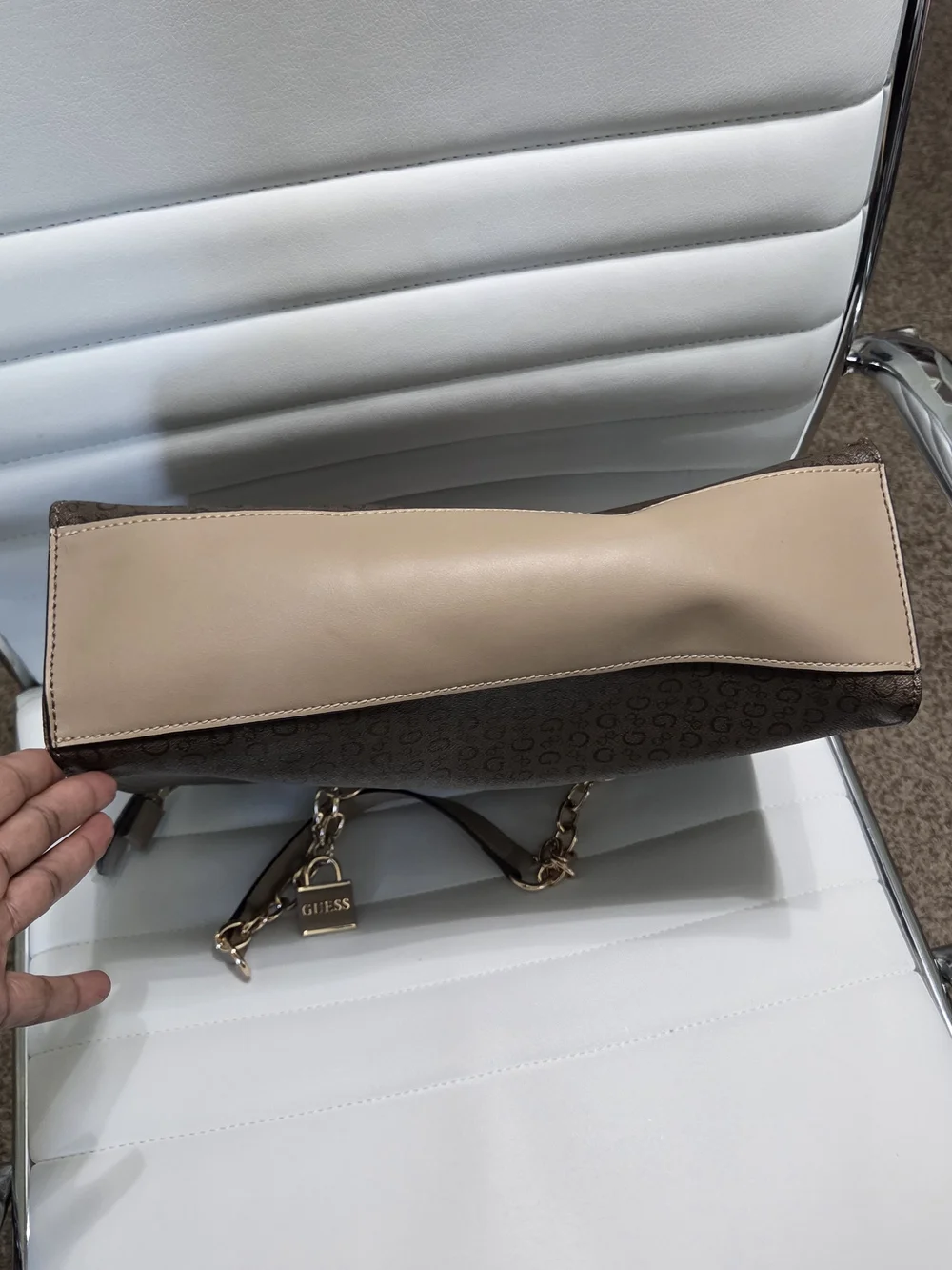 GUESS Factory Ellison Monogram Satchel Handbag in Brown with Gold Hardware